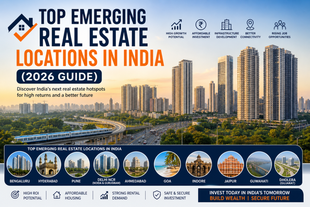 Top Emerging Real Estate Locations in India 2026 infographic with investment hotspots