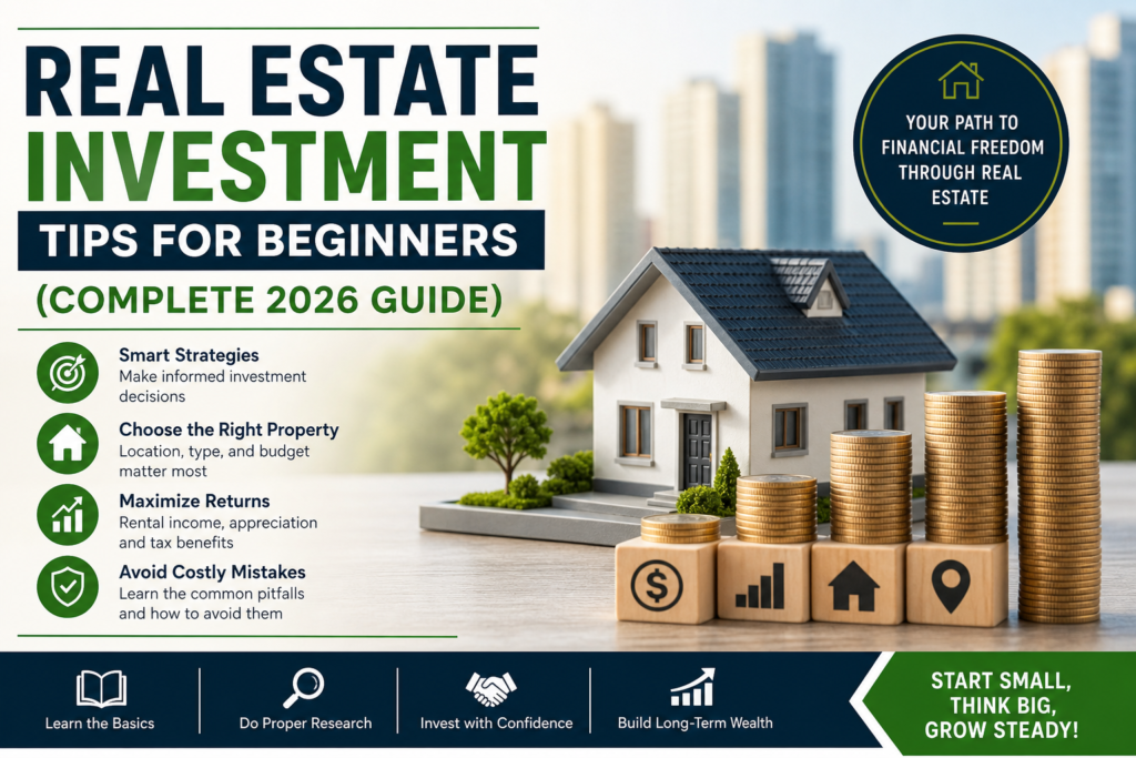 Real Estate Investment Tips for Beginners 2026 guide showing house model coins growth and property investment planning concept