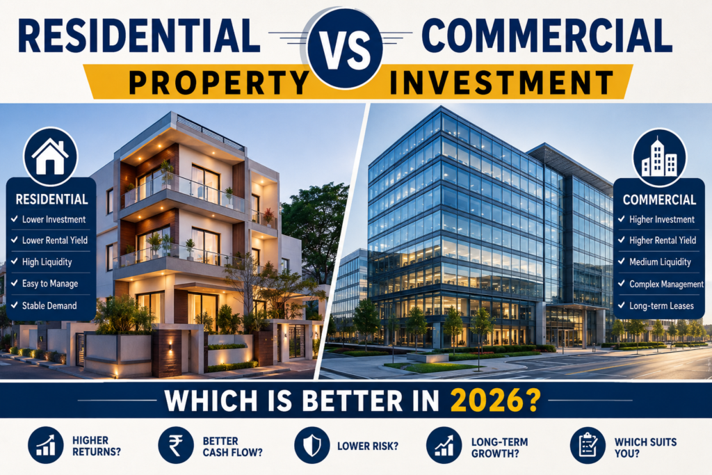 Residential vs Commercial Property Investment comparison infographic showing modern house and office building with key differences like rental yield, investment cost, liquidity, and returns in 2026