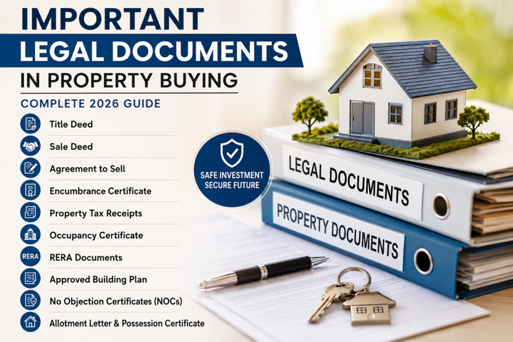 Important legal documents in property buying including title deed, sale deed, agreement to sell, encumbrance certificate, and RERA documents for safe property investment in 2026
